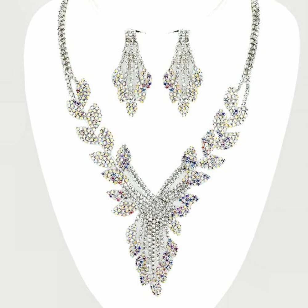 Aurora Borealis Paved Leaf Drop Necklace Set